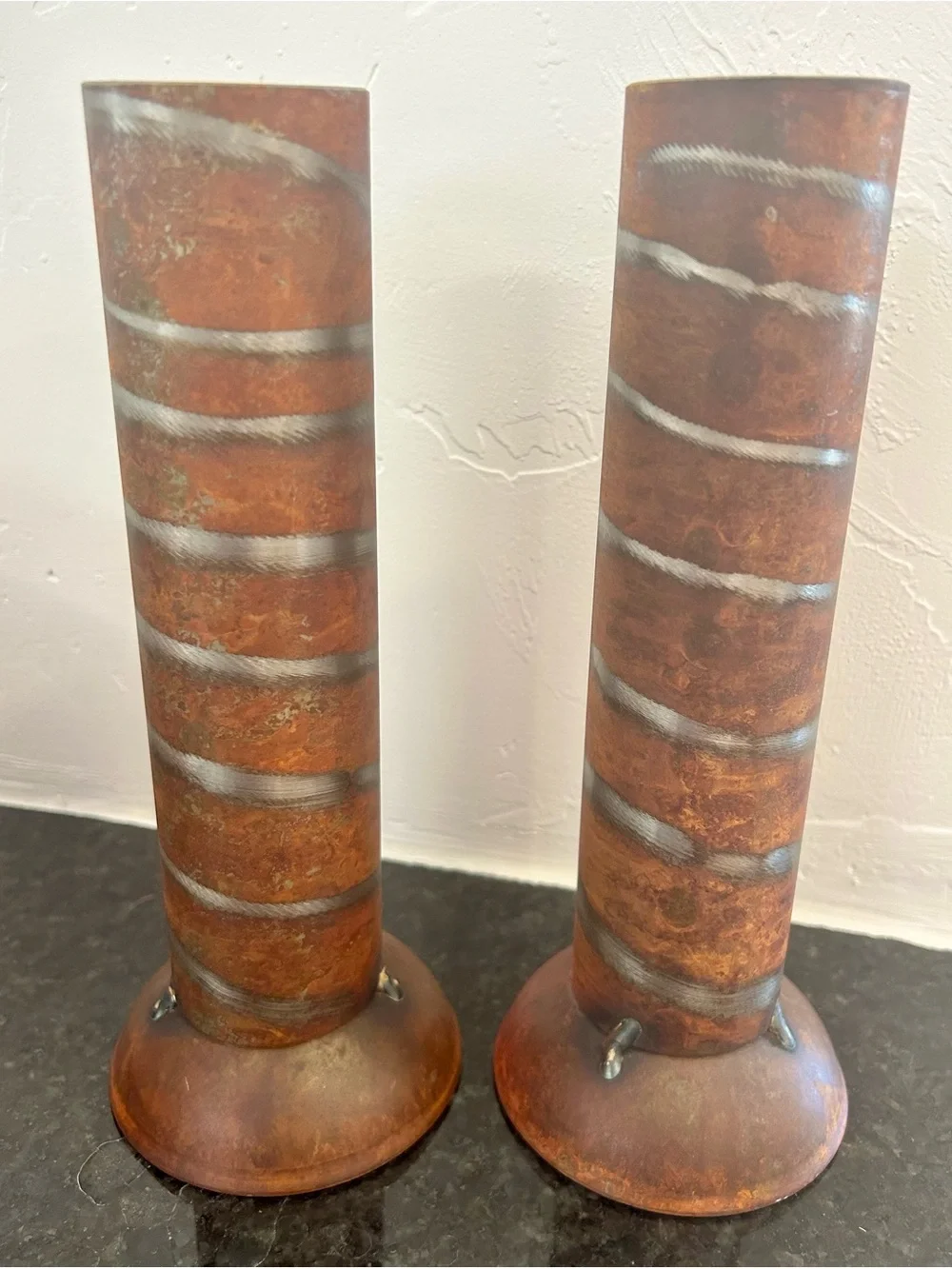 MCM Brutalist Welded Steel Pipe Vases Pair Heavy Industrial Studio Art Decor 9" - Picture 11 of 13